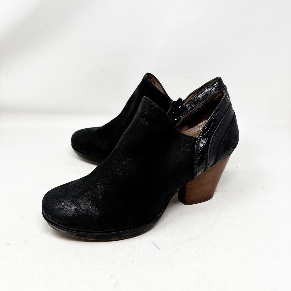 Dansko Black Leather Croc Trim Ankle Booties EU 40‎ US 9.5-10 Wood Stacked Heel